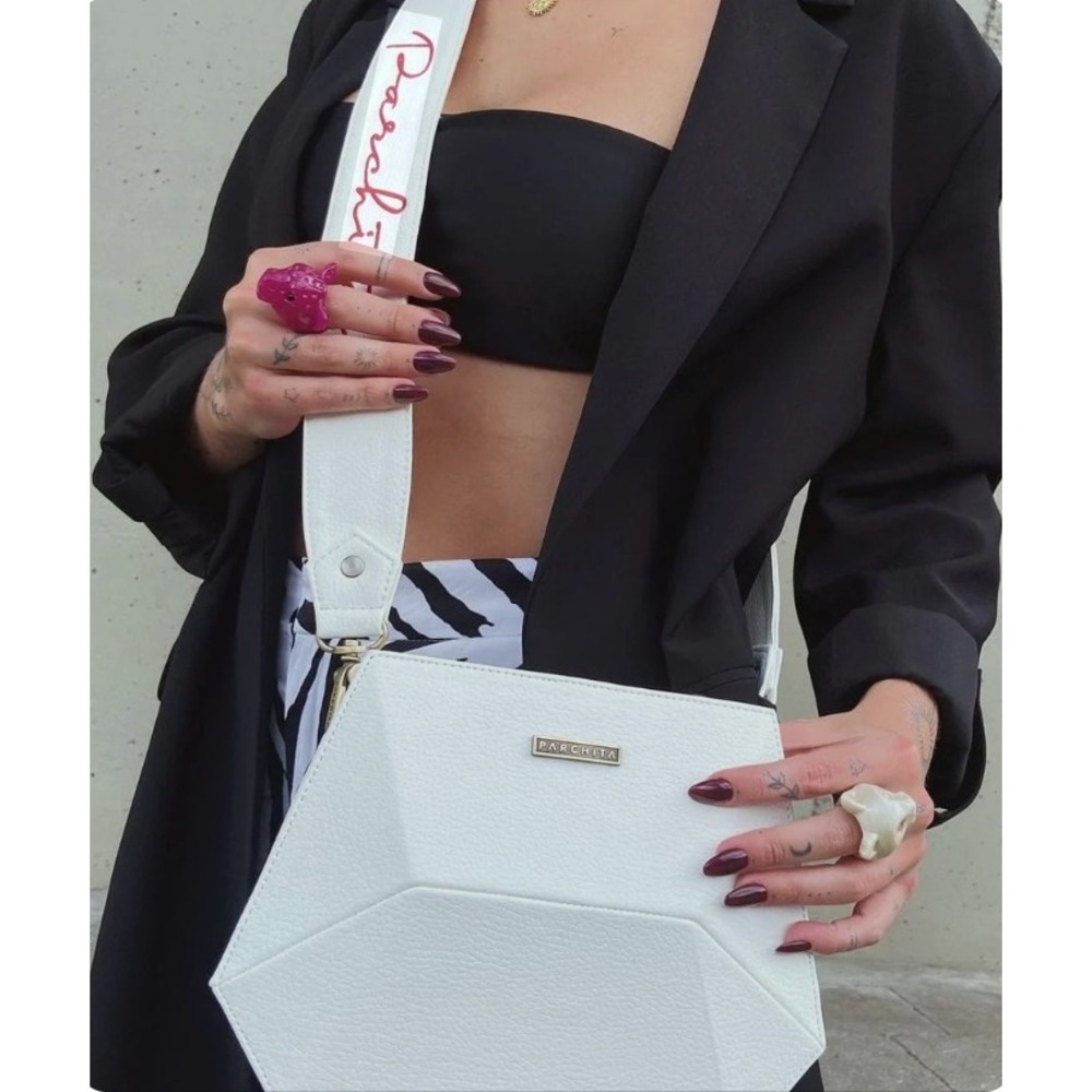 Parchita Simona White Leather Crossbody Bag Wide Strap Belt Bag Signature Strap